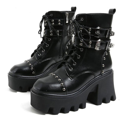 Comfortable women's black platform ankle boots, versatile for fashion, with a tall chunky heel.