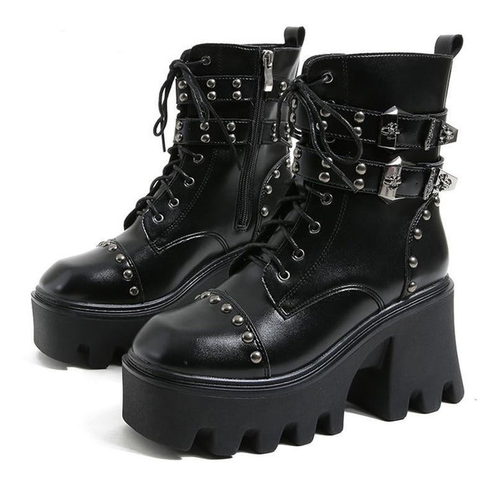 Comfortable women's black platform ankle boots, versatile for fashion, with a tall chunky heel.
