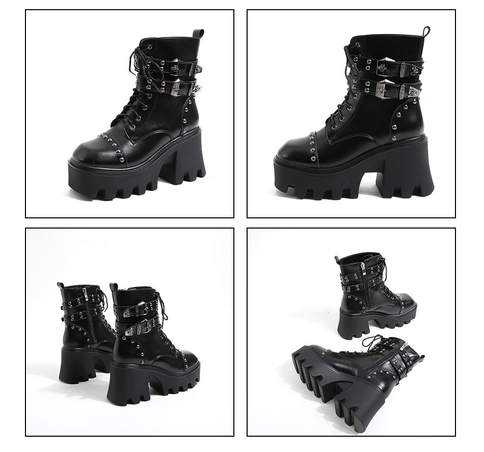 Women's black platform ankle boots, chunky heel, offering comfortable and edgy gothic punk style.