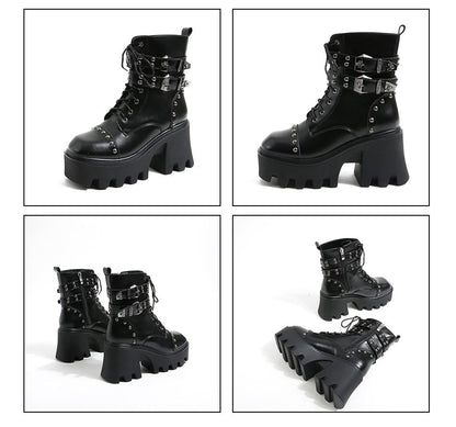 Women's black platform ankle boots, chunky heel, offering comfortable and edgy gothic punk style.