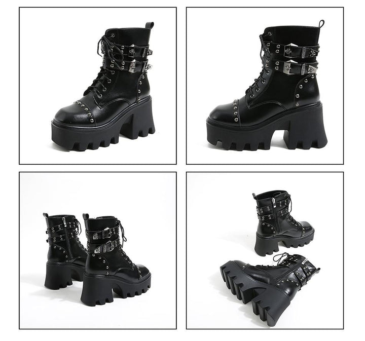 Women's black platform ankle boots, chunky heel, offering comfortable and edgy gothic punk style.