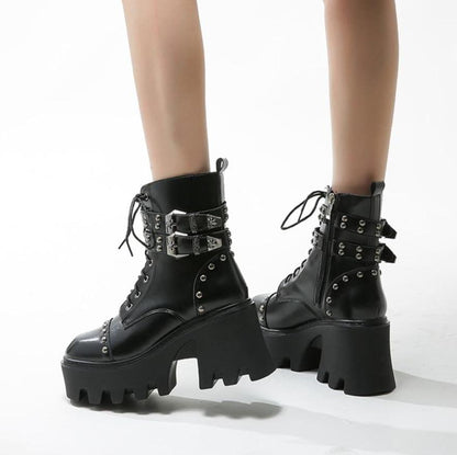 Stylish women's black platform ankle boots, chunky tall heel, comfortable & waterproof for edgy fashion.