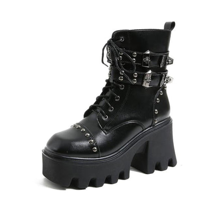 Versatile women's black platform ankle boots, with a bold chunky heel, ideal for gothic and punk footwear.