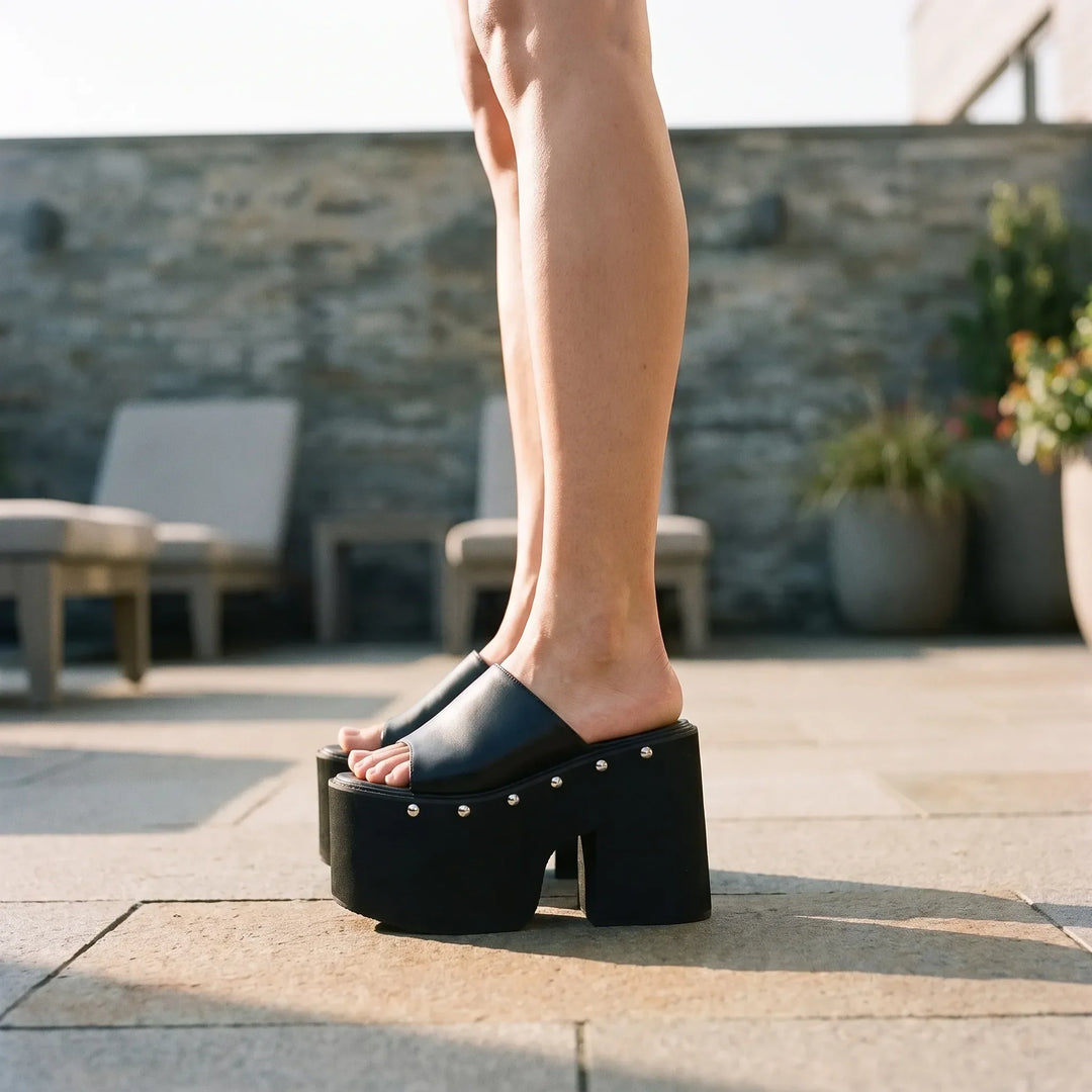 Women's black platform sandals with high block heel & open toe, perfect for summer slip-on style.