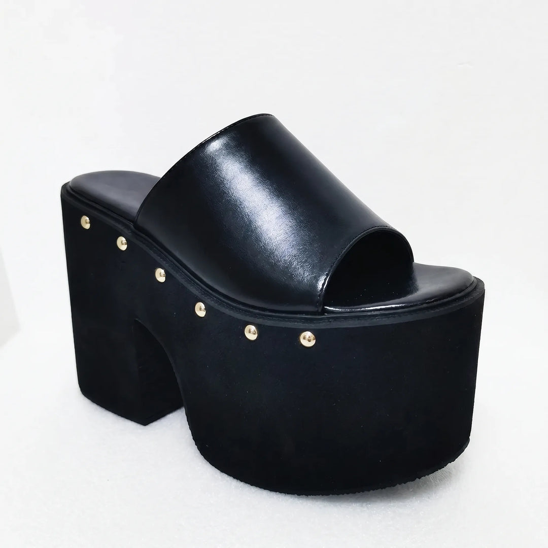 Elegant women's black platform high-heel sandals with a chunky block heel, ideal for evening & party wear.