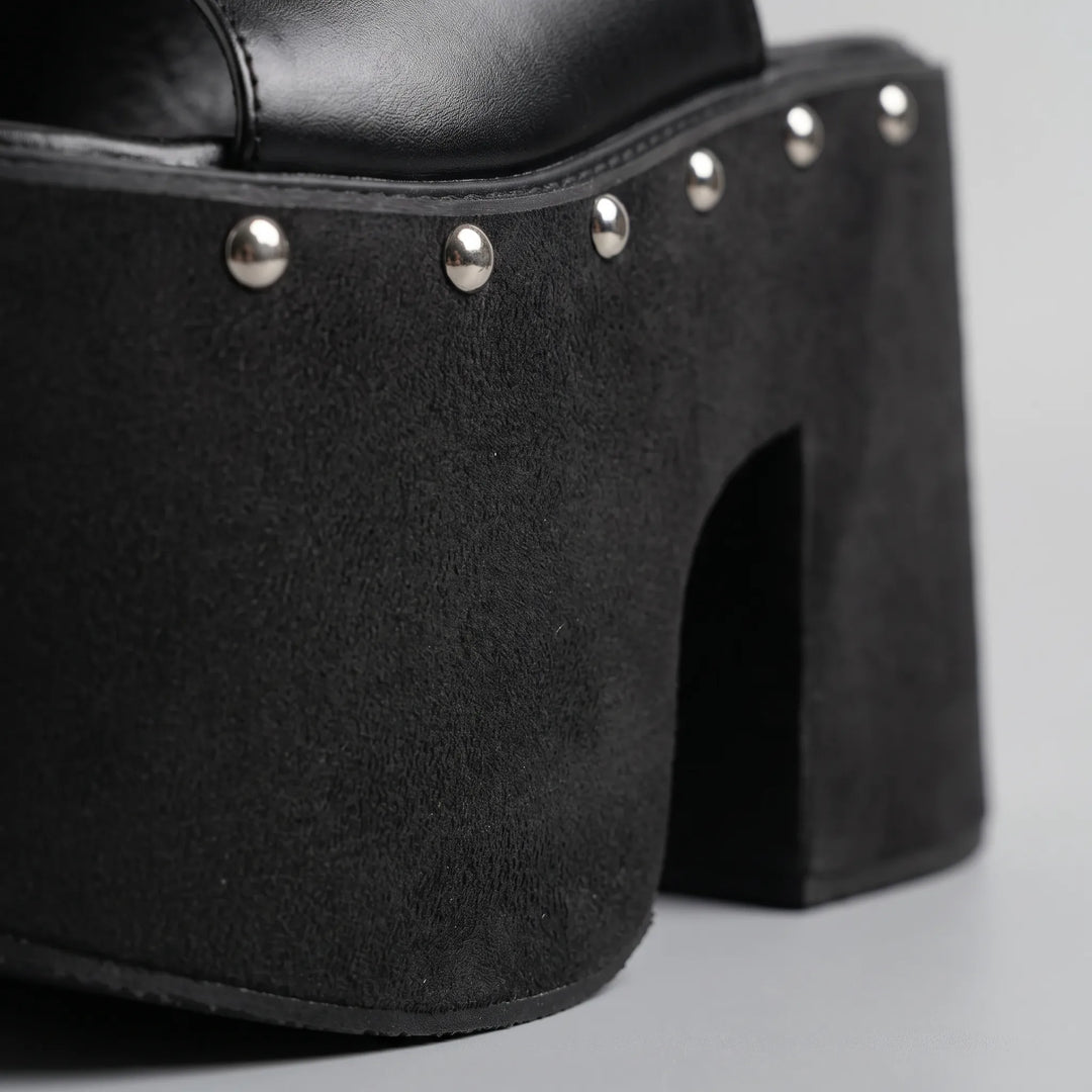 Stylish women's black platform slip-on sandals, featuring a comfortable high block heel & open toe design.