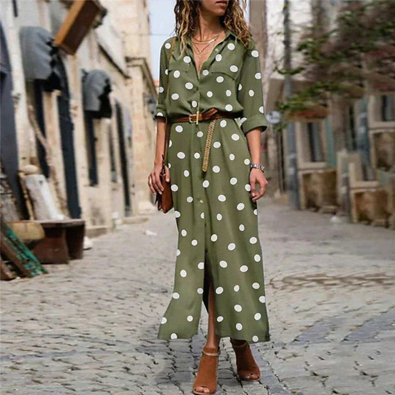 Women's black polka dot long sleeve maxi shirt dress with button-down front & tie-waist. Casual & elegant spring fashion.