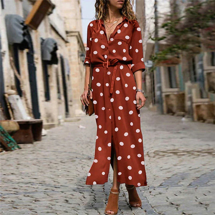 Stylish women's polka dot long sleeve button-down shirt dress. Versatile maxi length, ideal for spring & everyday wear.