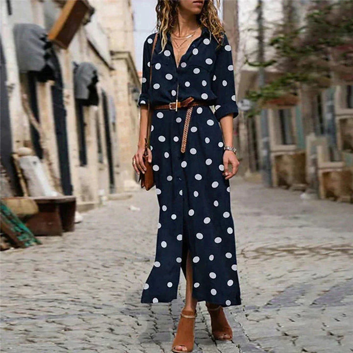 Elegant women's polka dot maxi dress, long sleeve with button-down front & flattering tie waist. Perfect for spring fashion.