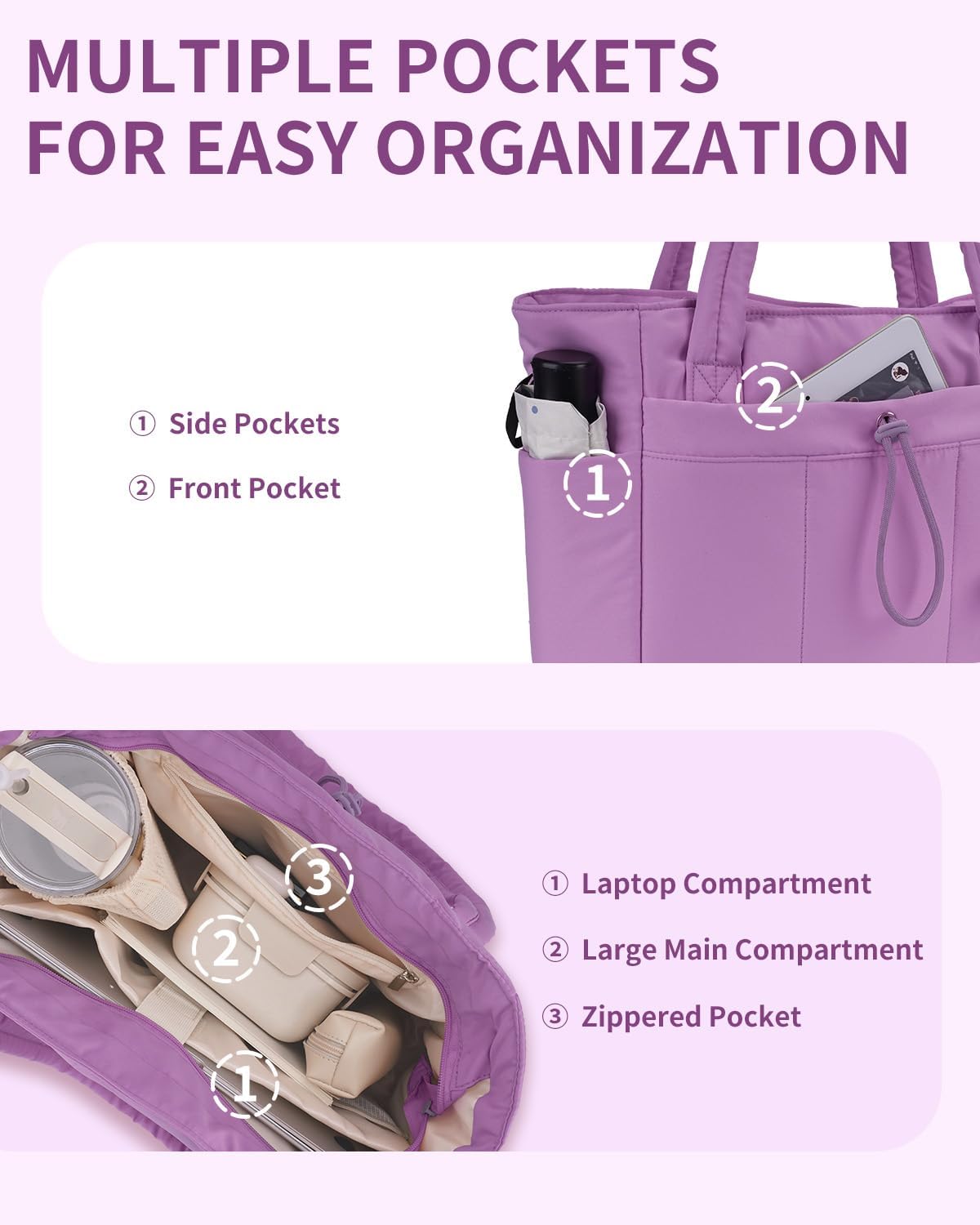 Travel-friendly women's quilted tote with laptop sleeve, cup holder, and spacious main compartment.