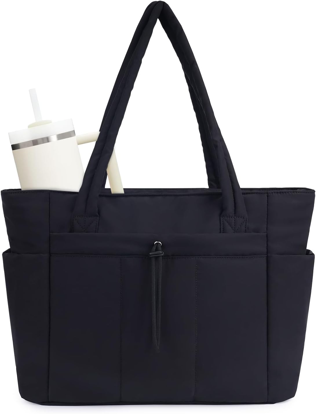 Women's quilted work tote with a laptop sleeve, cup holder, and multiple organization pockets.