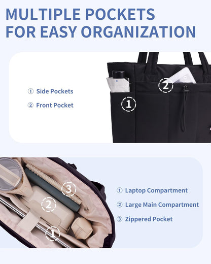 Everyday women's puffer tote with secure laptop sleeve and hydration-friendly cup holder.