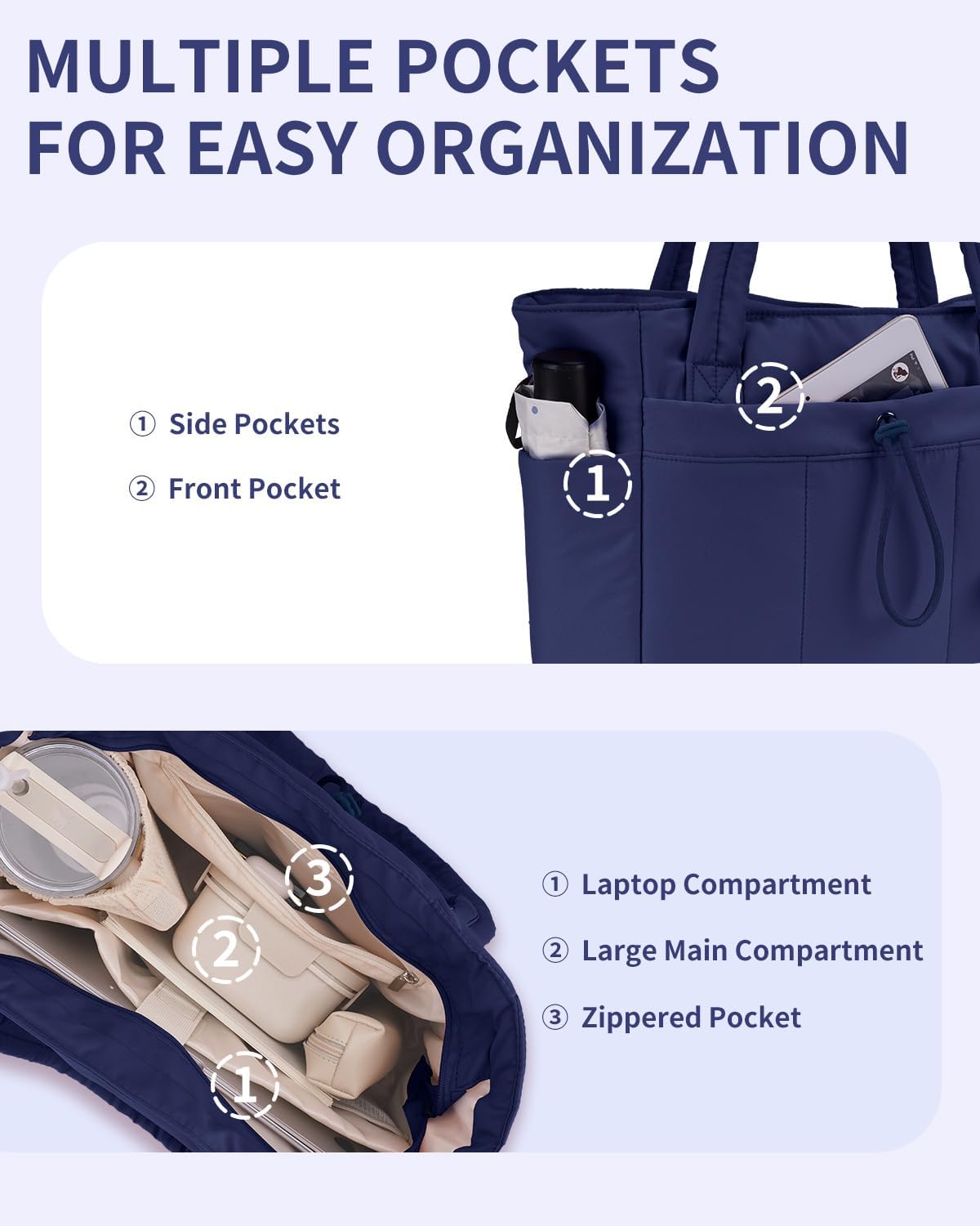 Functional women's puffer travel tote with laptop sleeve & cup holder for long journeys.