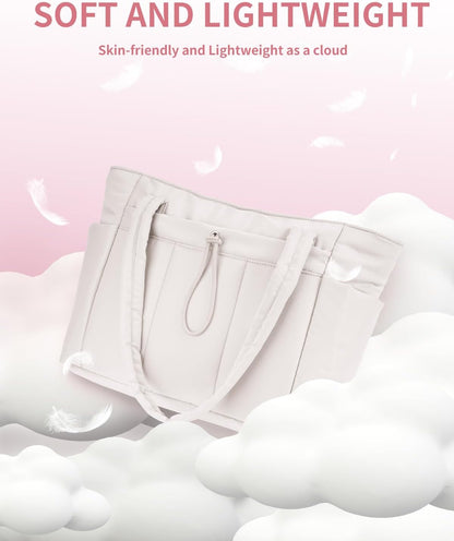 Travel-friendly women's puffer bag with laptop sleeve, cup holder, and a secure main compartment.
