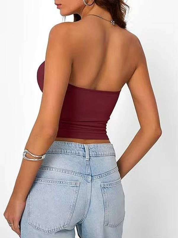 Black women's seamless stretch bandeau crop top, versatile for summer activities.