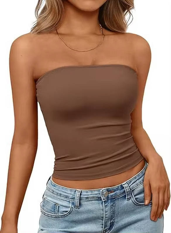 White seamless stretch tube top for women, strapless summer fashion essential.