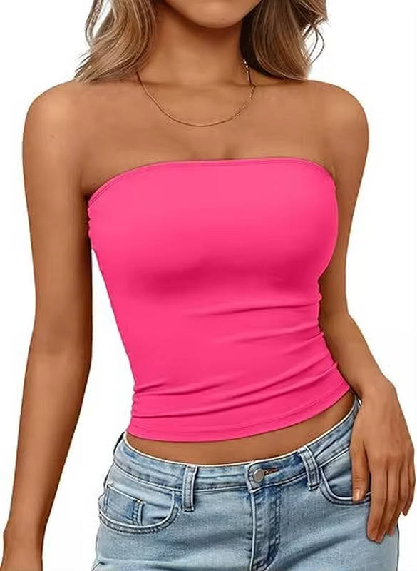 Seamless stretch bandeau crop top for women, summer casual wear in multiple colors.