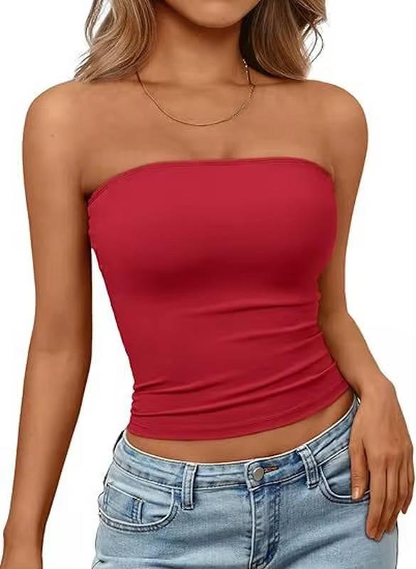 Black women's seamless stretch bandeau crop top, strapless and super comfortable.