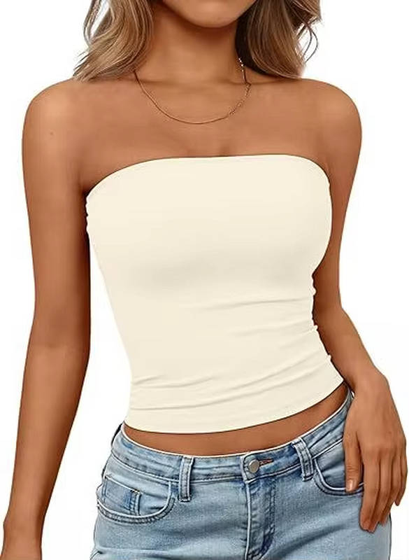 Nude seamless stretch bandeau crop top, women's comfortable casual summer wear.