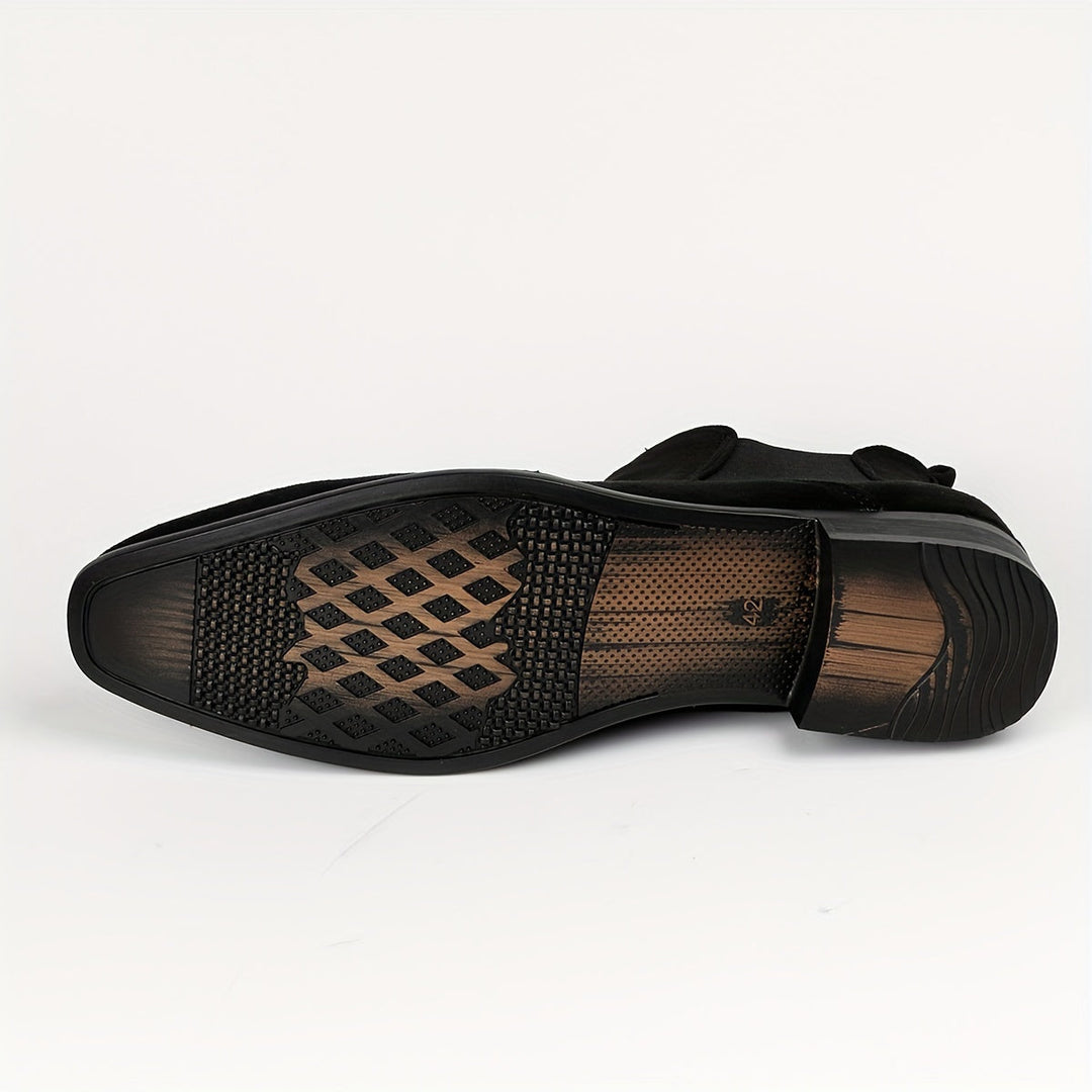 Classic women's black Chelsea boots, slip-on design with a chic block heel, great for casual or office style.