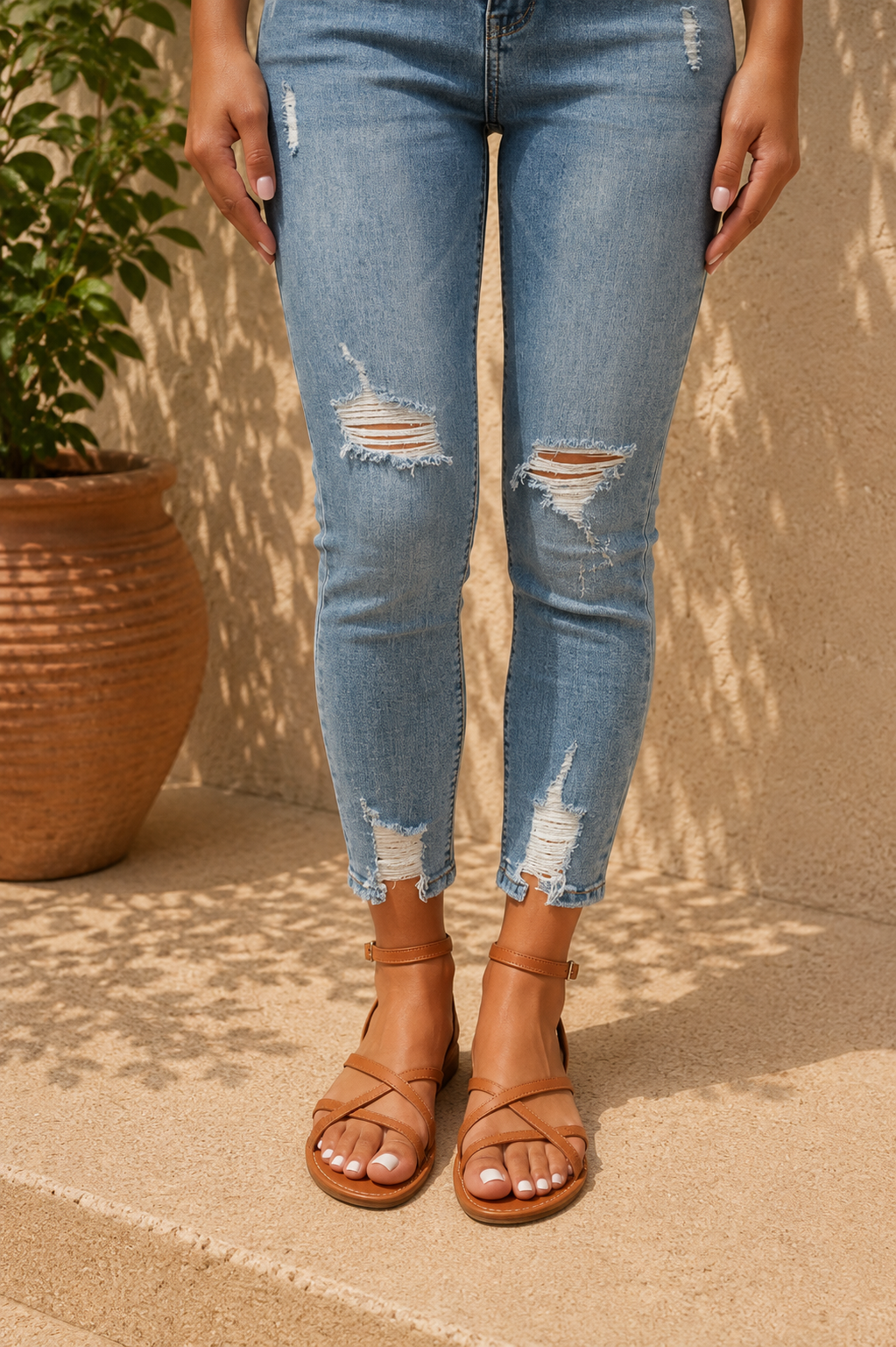 Detailed view of the comfortable footbed and soft straps on these women's flat ankle-strap sandals.