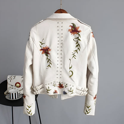 Women's trendy biker jacket, combining rebellious studs with delicate floral embroidery for a unique look.