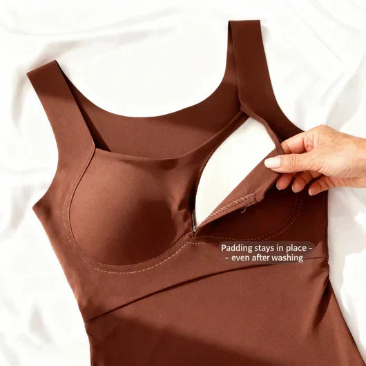 Soft blue women's built-in bra tank top, ideal for layering or solo summer wear.