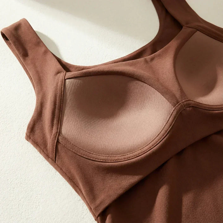 Grey comfort support tank top for women, featuring a seamless built-in wire-free bra.