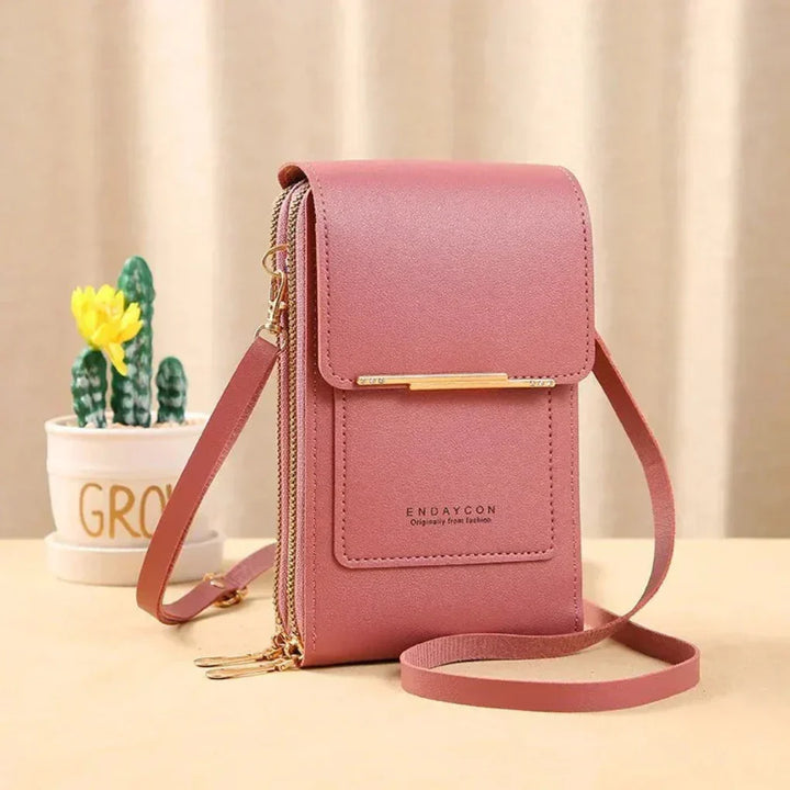 Stylish women's phone purse, a multi-pocket shoulder bag designed for daily organization & travel.