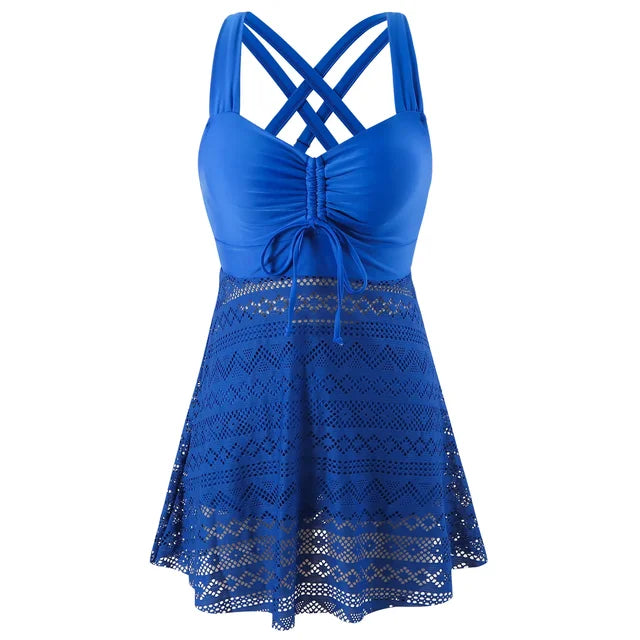 Close-up of a women's flattering tankini swimsuit, highlighting tummy control and elegant design.