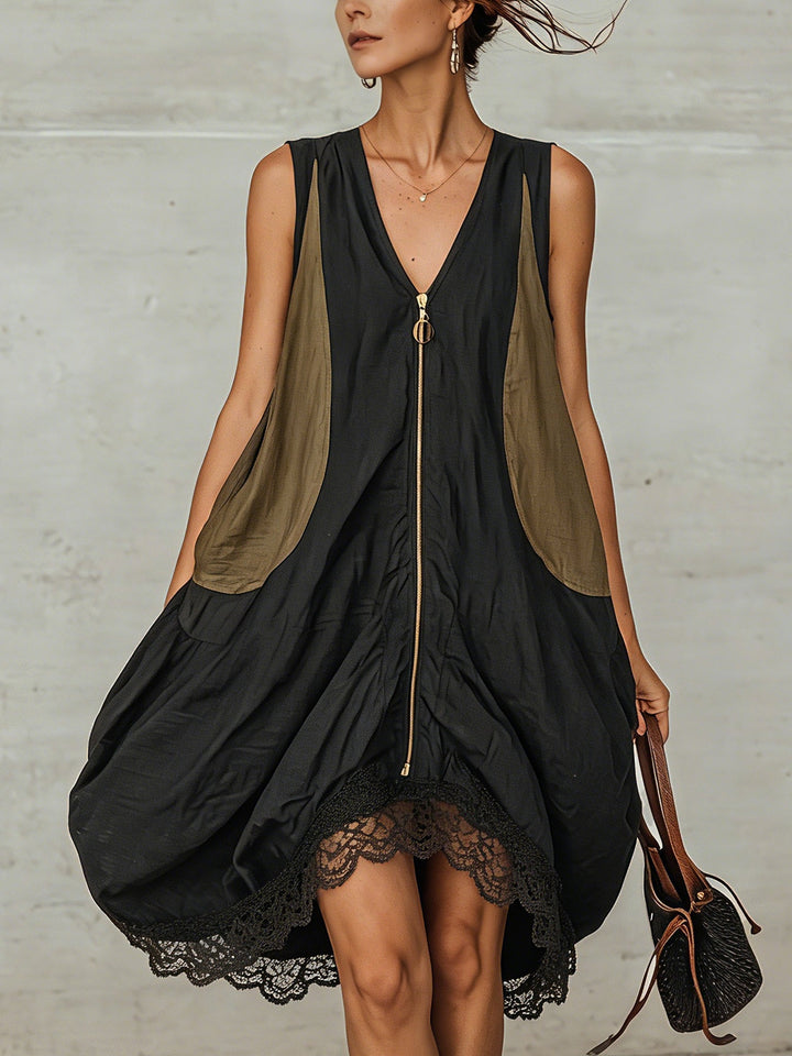 Women's black V-neck midi dress with stylish zip front and delicate lace hem, perfect for casual summer elegance.