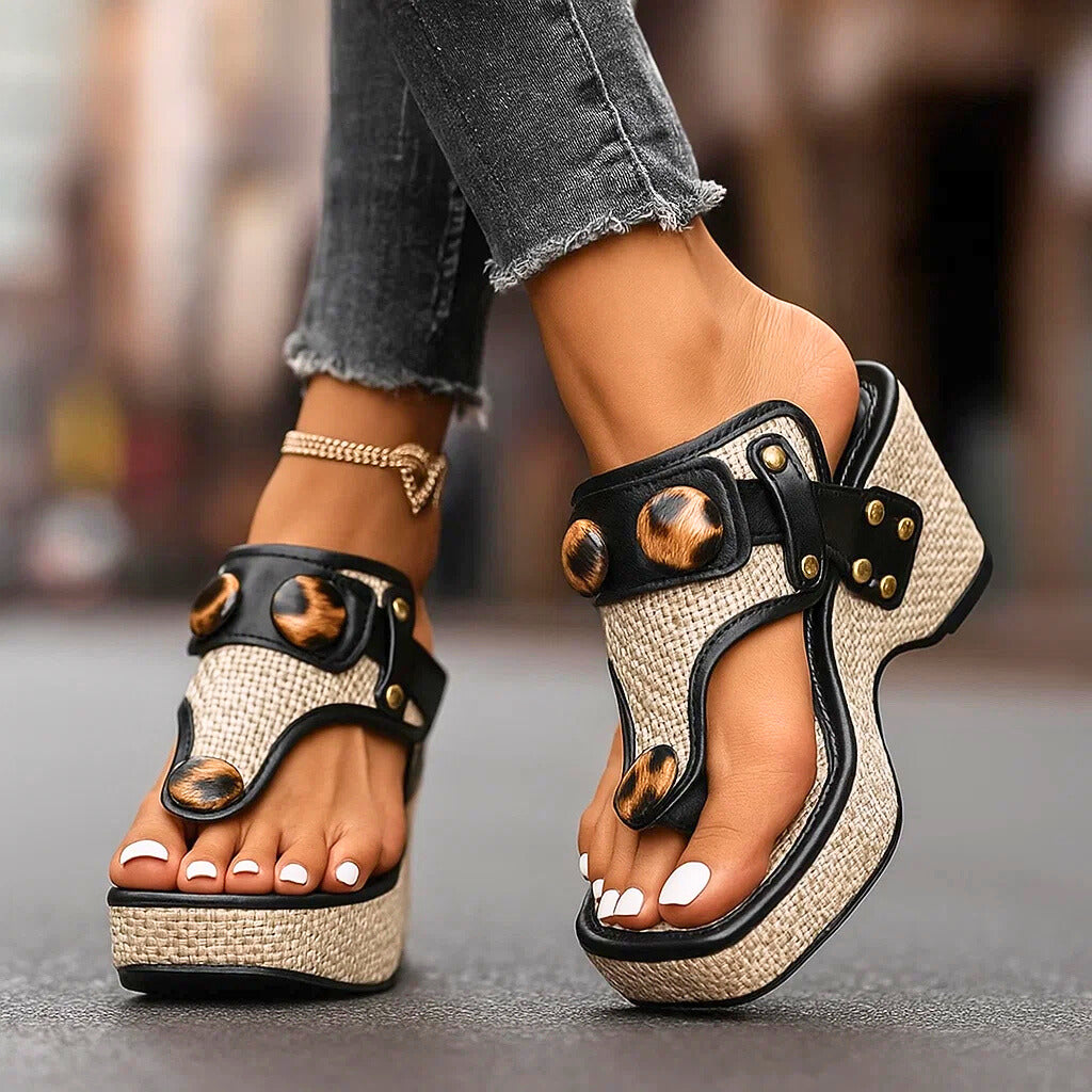 Stylish white platform wedge thong sandals for women, perfect casual summer footwear with elevated style.
