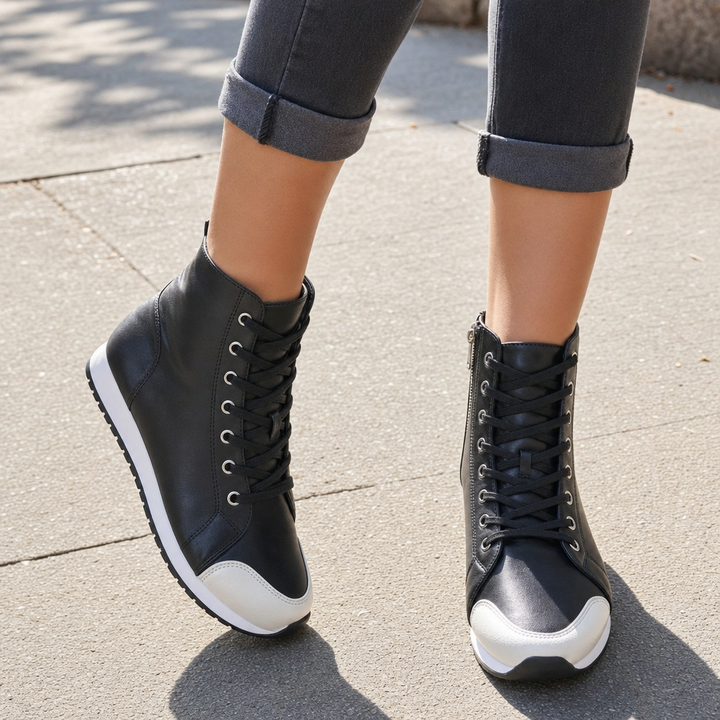 Stylish white wide fit women's orthopedic walking shoes with lace-up design for everyday comfort.