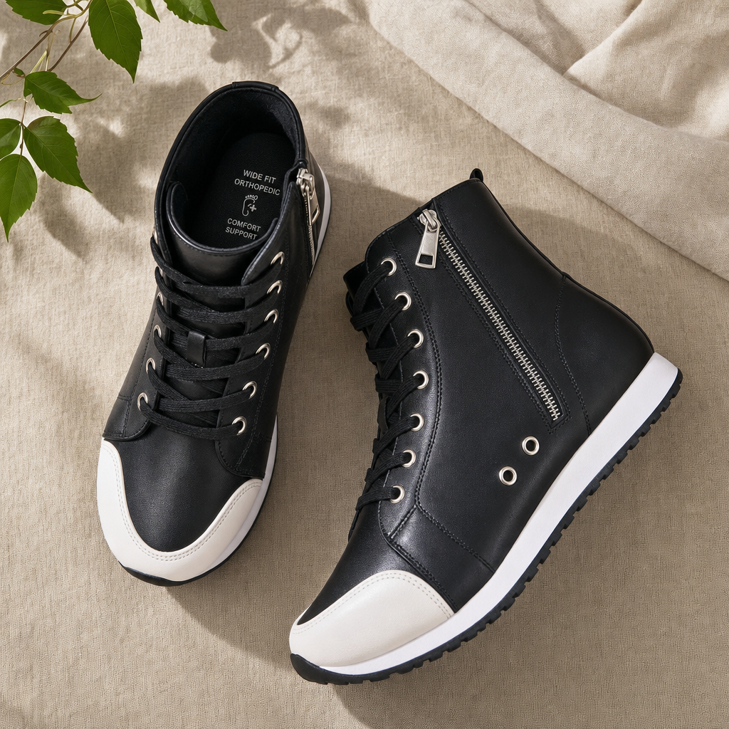 Comfortable wide fit orthopedic lace-up sneakers for women, designed for superior foot support.