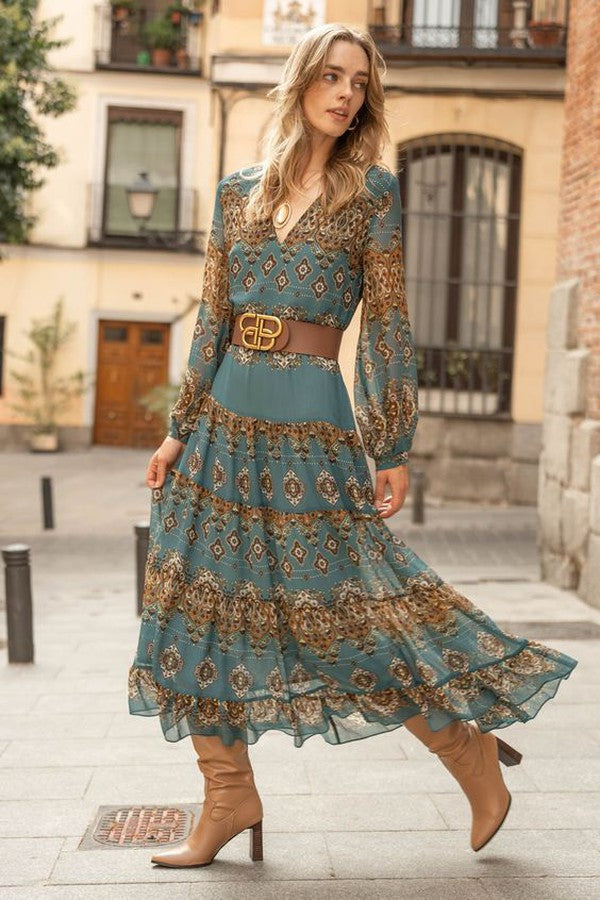 Women's blue boho medallion midi dress with puff sleeves & tiered skirt, ideal for spring/summer casual wear.