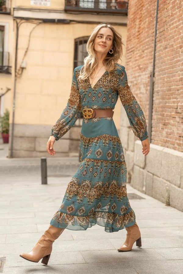 Stylish women's blue midi dress featuring a vibrant boho medallion print, puff long sleeves, & tiered design.