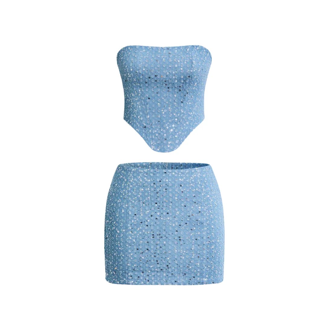 Dazzling blue sequin strapless mini dress, a captivating bodycon party dress for any special occasion.