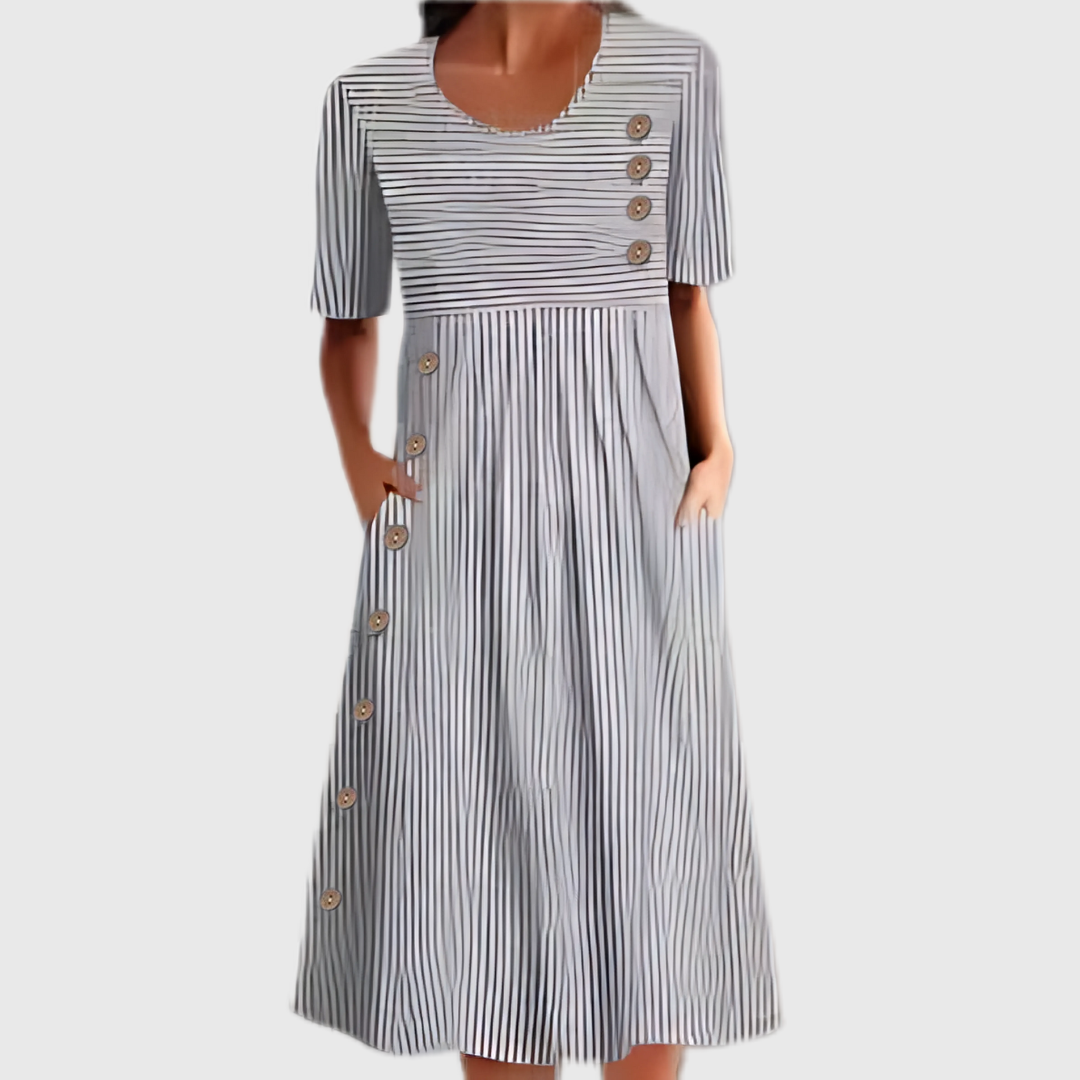 Versatile gray striped midi dress for women, featuring chic side buttons and short sleeves, perfect for casual day wear.