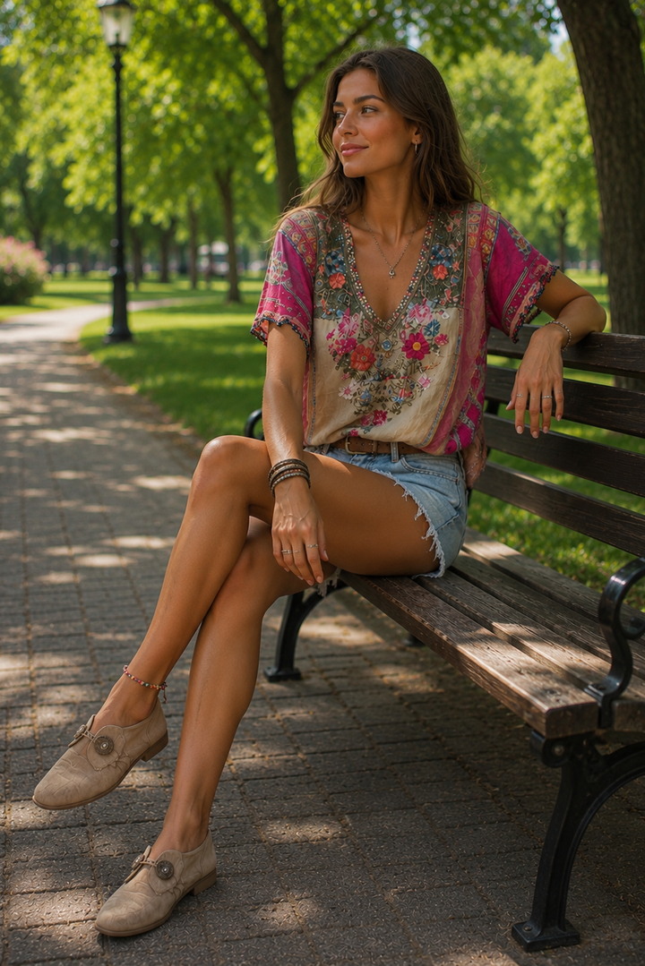 Stylish women's boho-chic festival top with relaxed fit, ideal for summer casual wear & travel fashion.