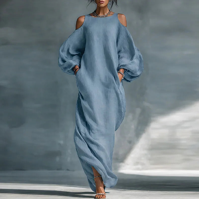 Women's Bohemian Cold Shoulder Maxi Dress, flowing relaxed fit, perfect for summer boho chic style.