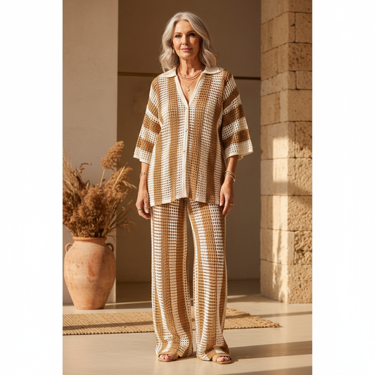 Women's Bohemian Crochet Knit Summer Two-Piece Set. Casual & chic beach resort wear.