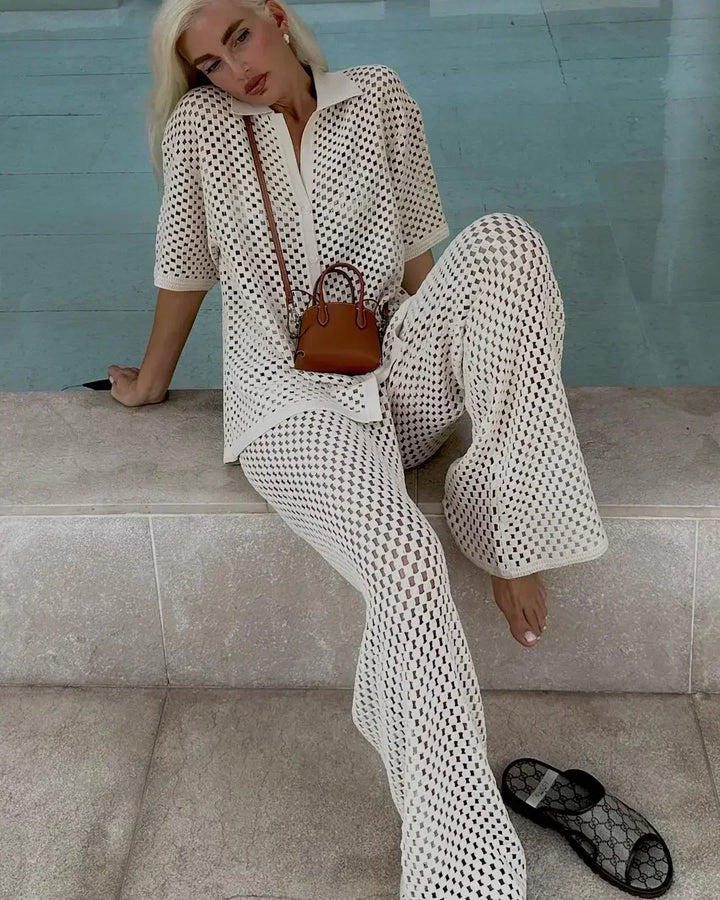Versatile women's bohemian crochet knit summer two-piece set. Ideal casual wear, beachwear, resort wear.