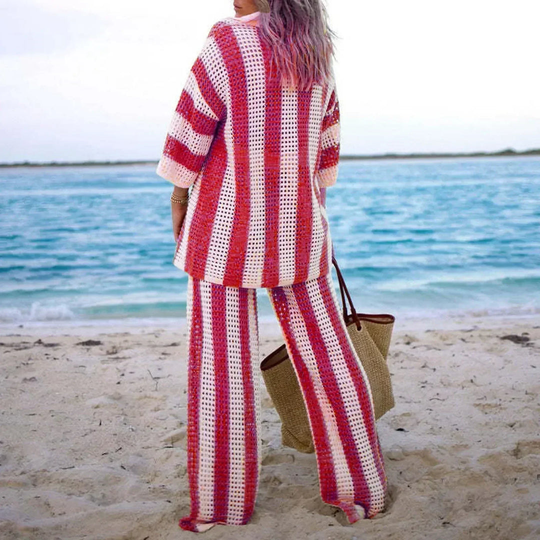 Chic women's striped crochet knit two-piece set. Bohemian style for summer, beach, and resort fashion.