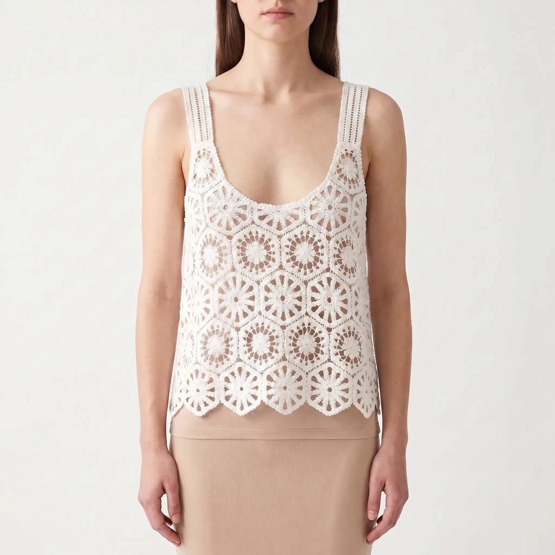 Women's relaxed fit sleeveless crochet crop top with scoop neck. Bohemian summer fashion for casual & beach wear.