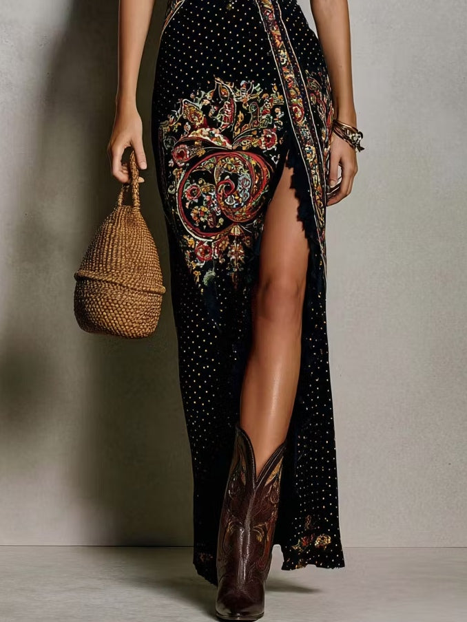 V-neck embroidered maxi dress for women featuring a high slit, ideal as a summer festival or vacation dress.