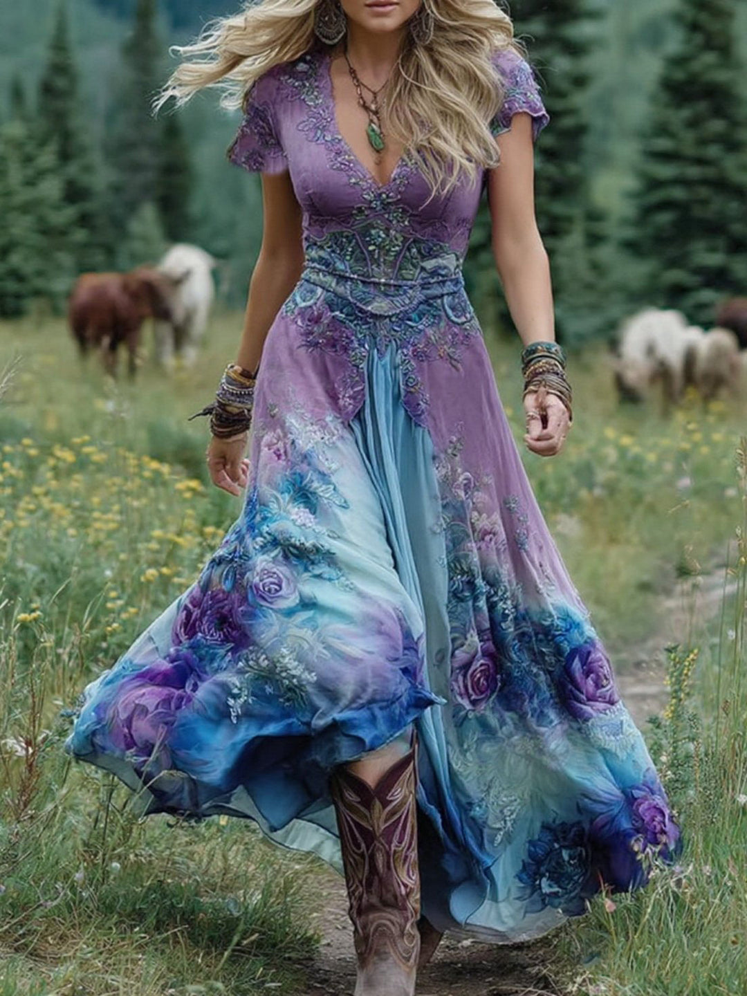 Women's Bohemian floral maxi dress with flowing silhouette, vibrant print, perfect for summer vacations.