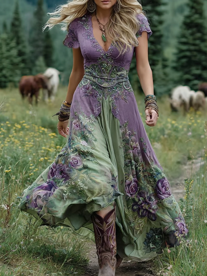 Elegant women's bohemian floral maxi dress featuring flowing flutter sleeves, ideal for summer parties & casual wear.