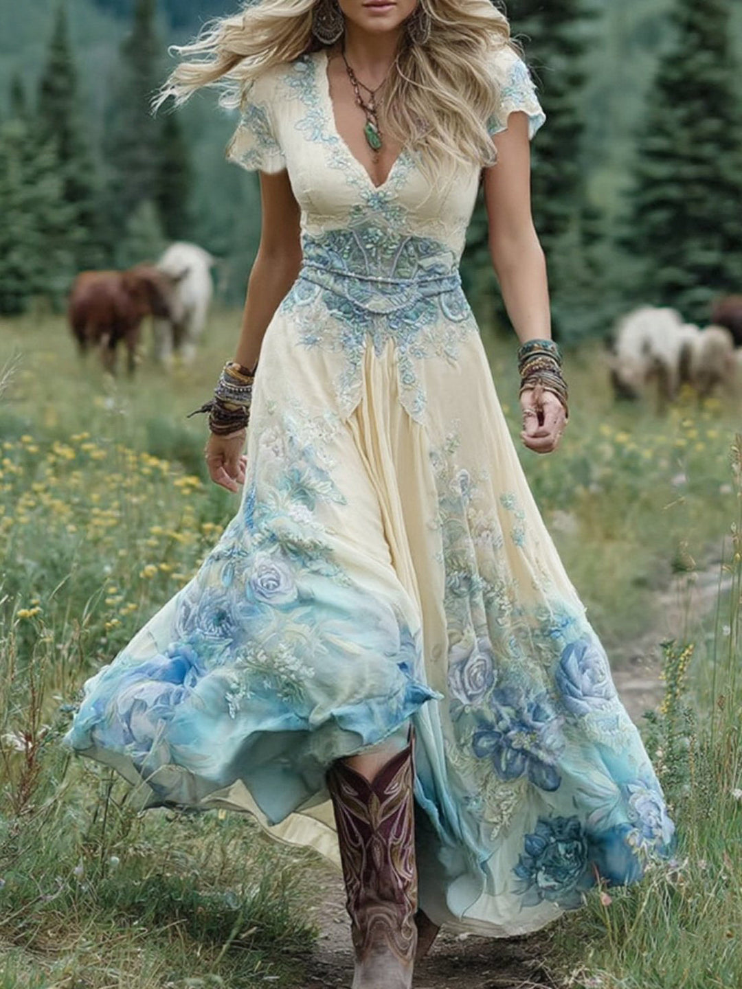 Long women's bohemian maxi dress with vibrant floral print and flowing fabric, perfect comfortable summer attire.
