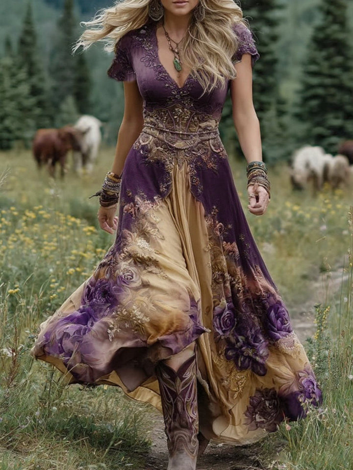 Women's flowing bohemian maxi dress with delicate floral pattern & elegant flutter sleeves, vacation ready style.