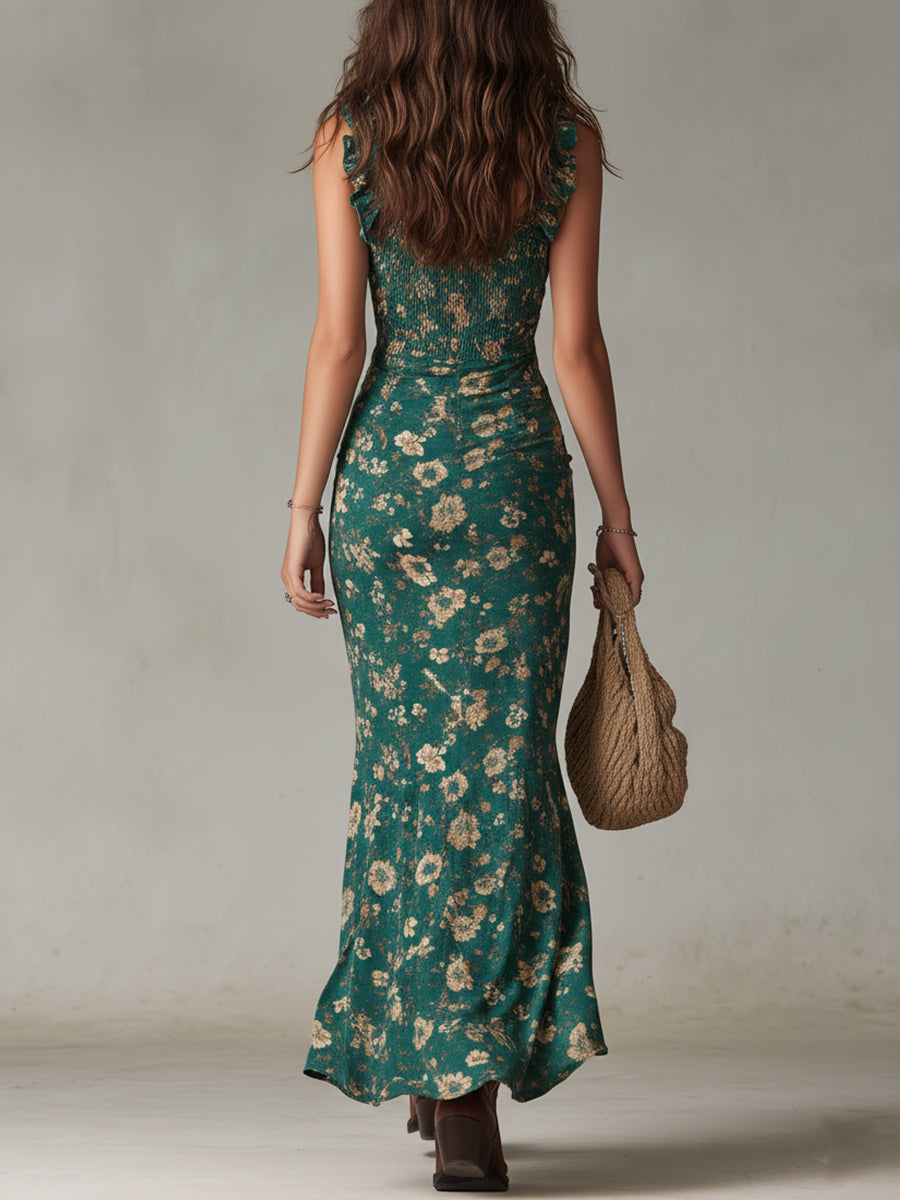 Retro floral print maxi dress for women, featuring a trendy high side slit & chic ruffled sleeves.